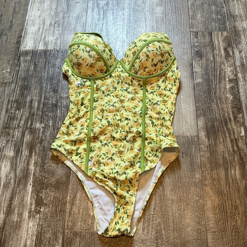 Floral Yellow and Green One-Piece Swimsuit Size Small